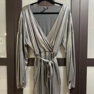 Silver Metallic Wrap Romper long sleeve
